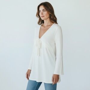 Suzanne Betro Women's Large Tie Front Ruffle Hem Cardigan Bell Sleeve White NEW